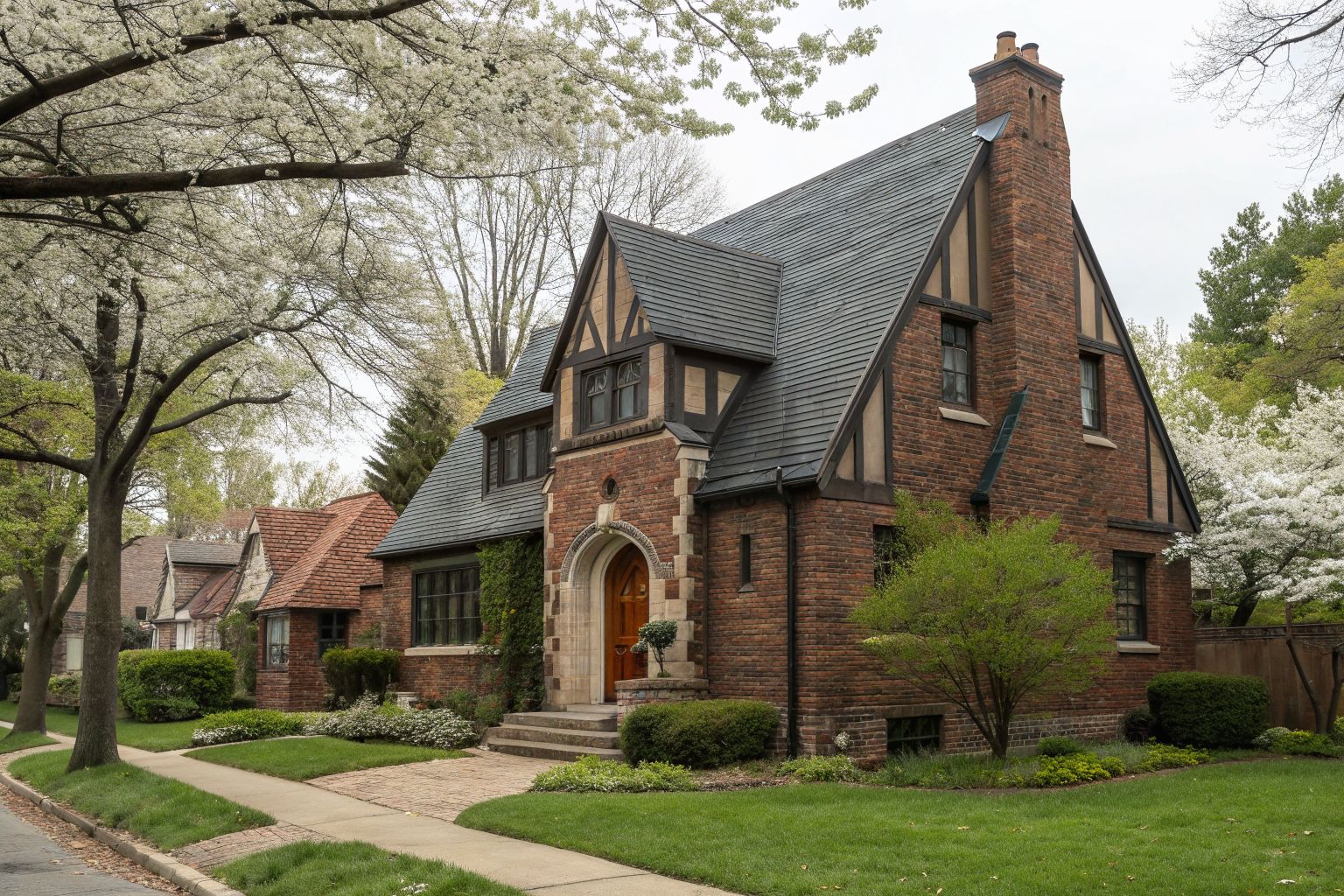 A 1920s brick Tudor revival house with a steep front gable and dark shingle roof in spring