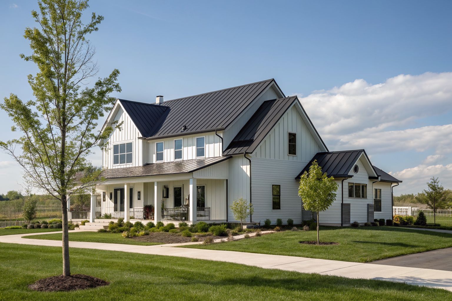 A white farmhouse-style home with a charcoal standing-seam metal roof