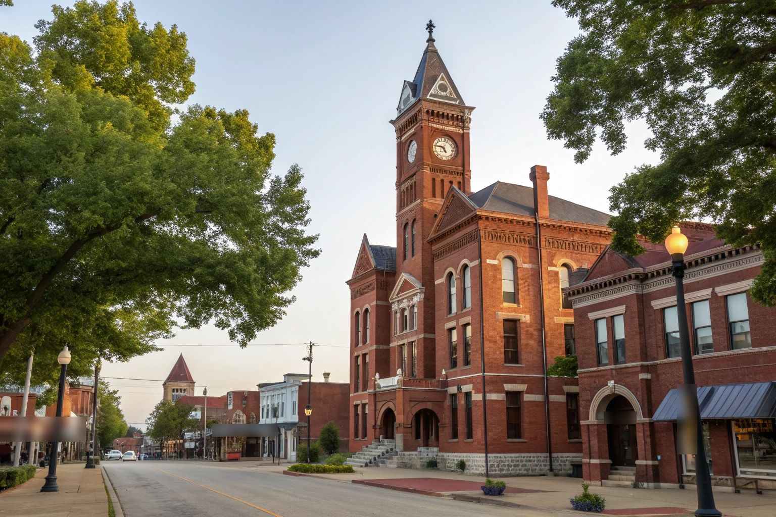 A red sandstone county courthouse with a clock tower on a small-town square