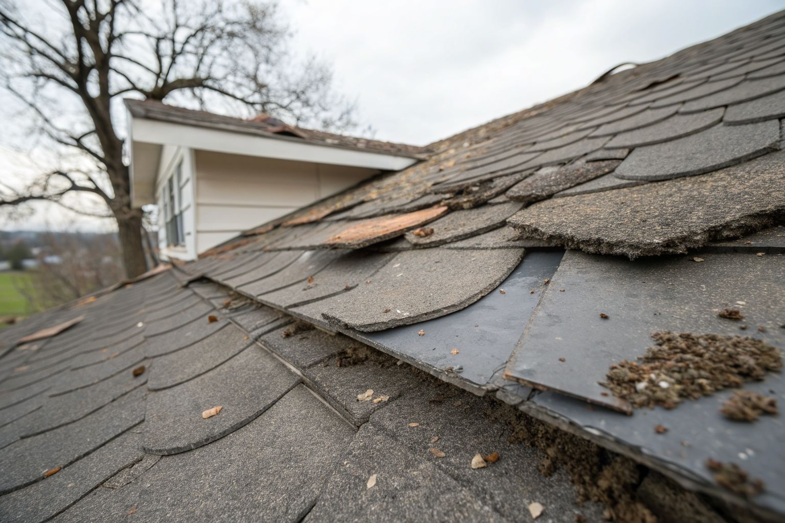 Close view of old cracked and curling asphalt shingles with worn granules