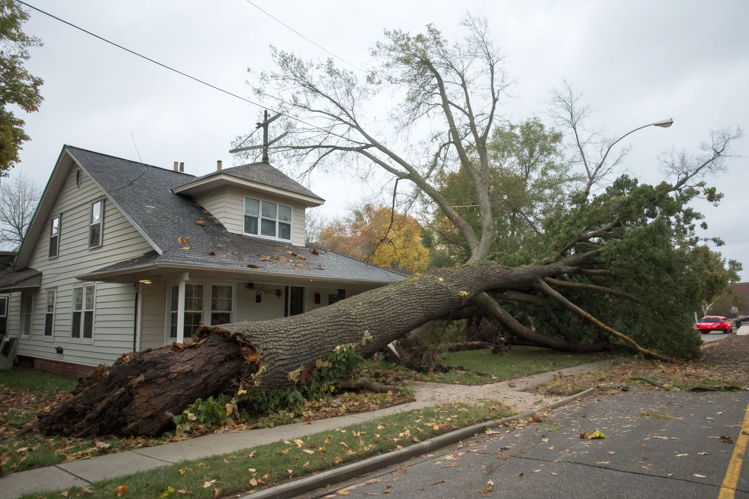 A large uprooted tree lying across the roof of a house after a windstorm
