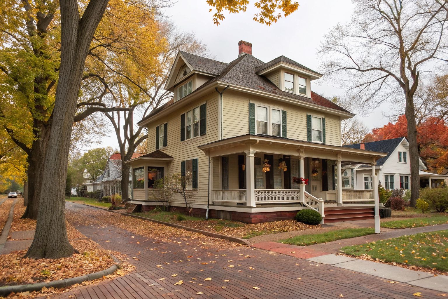 A restored foursquare house with a hipped roof, front dormer and porch on a brick street
