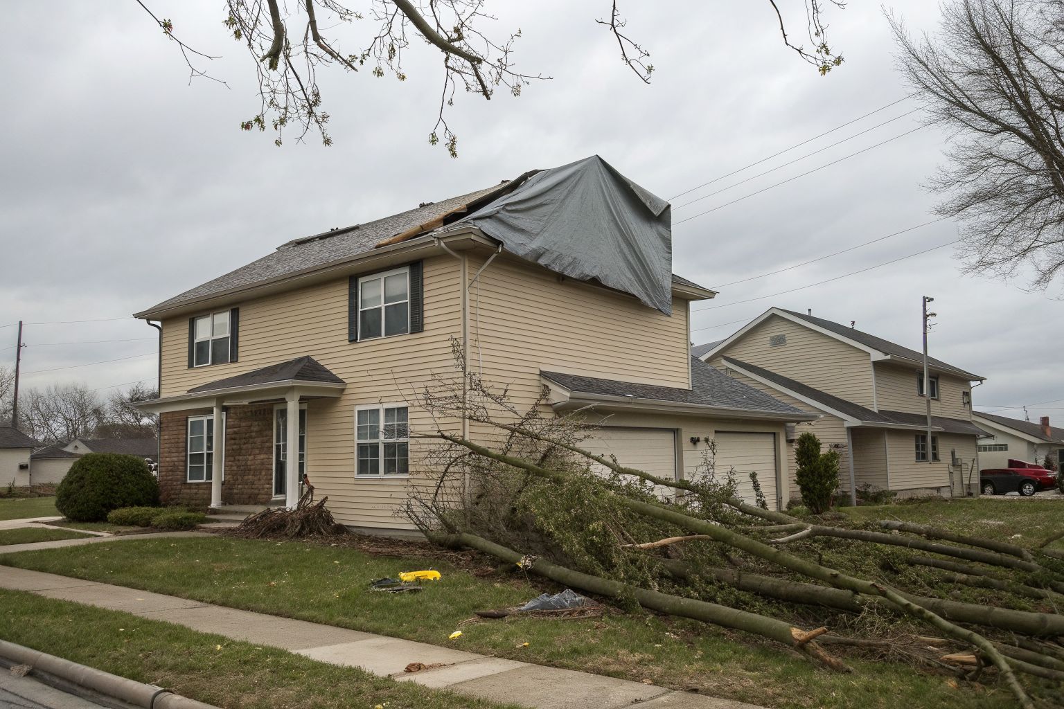 A two-story house with a gray tarp over storm damage on its shingle roof and branches on the lawn