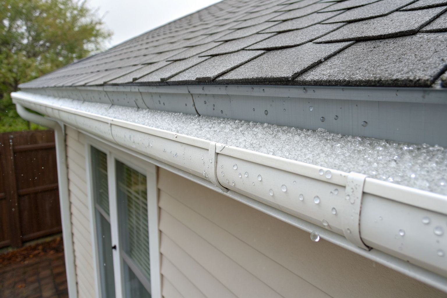 A white gutter and downspout covered in small hail dents below a gray shingle roof