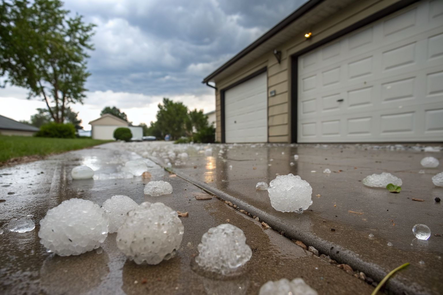 Large irregular hailstones scattered on a wet driveway in front of a garage