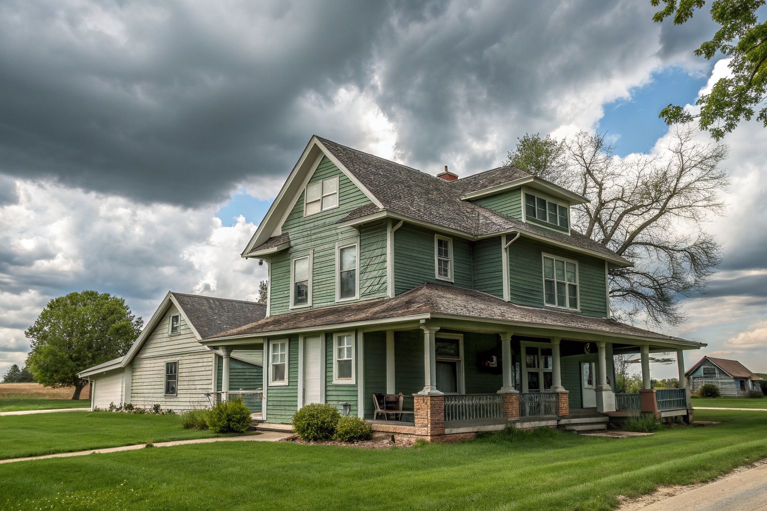 A two-story craftsman home with gray-green siding, a covered porch and a weathered-wood shingle roof under summer clouds
