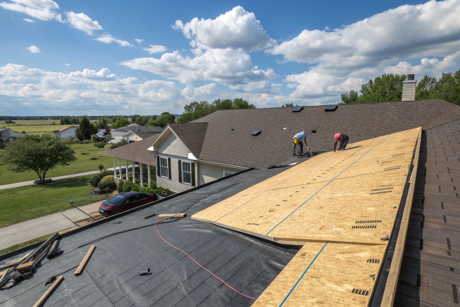 New roof decking with an ice and water barrier along the eaves and underlayment above