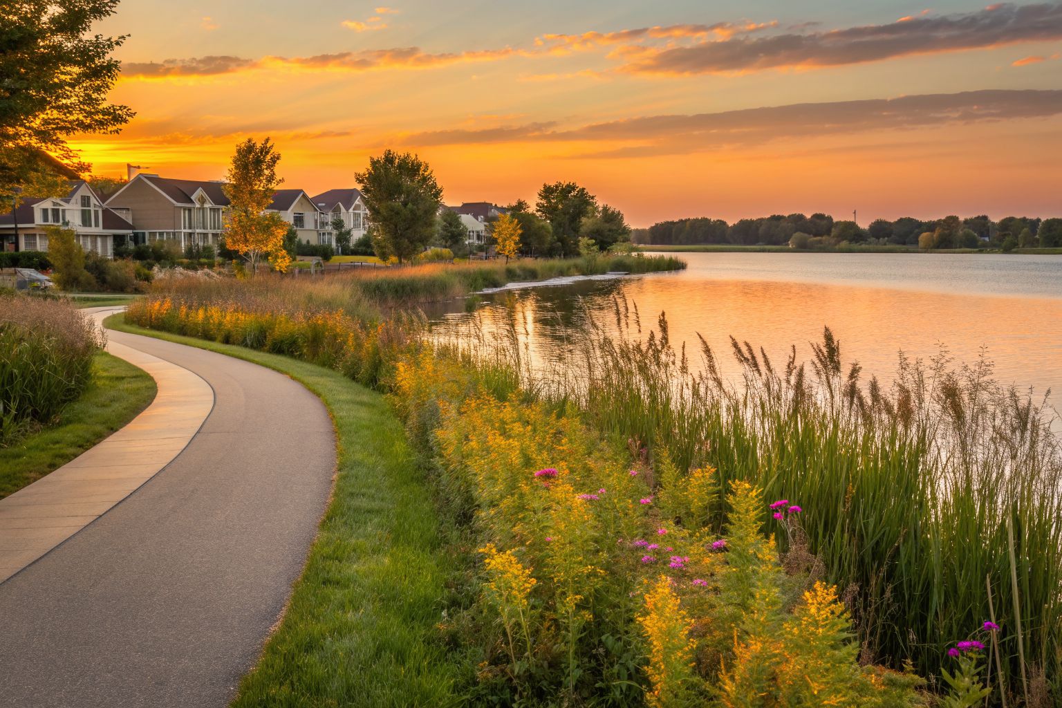 A suburban lake with a walking trail and homes along the far shore at sunset