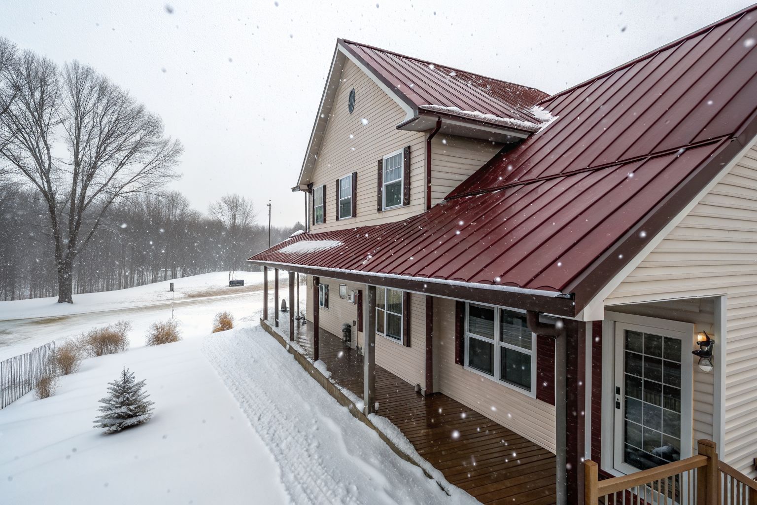 Snow sliding off a dark red standing-seam metal roof in winter