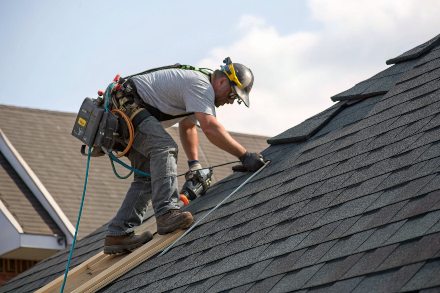 A roofer in a harness nailing new charcoal architectural shingles