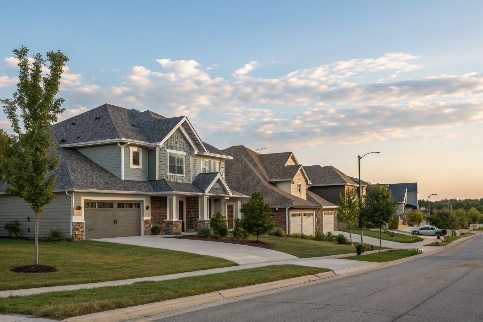 A cul-de-sac of newer two-story homes with architectural shingle roofs