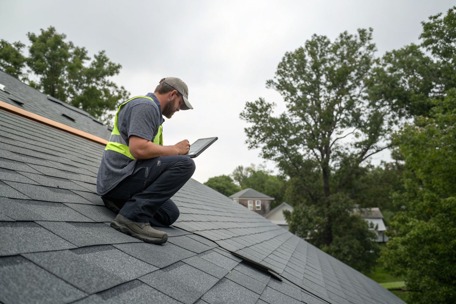 A roofer kneeling on a shingle roof and checking storm damage with a tablet