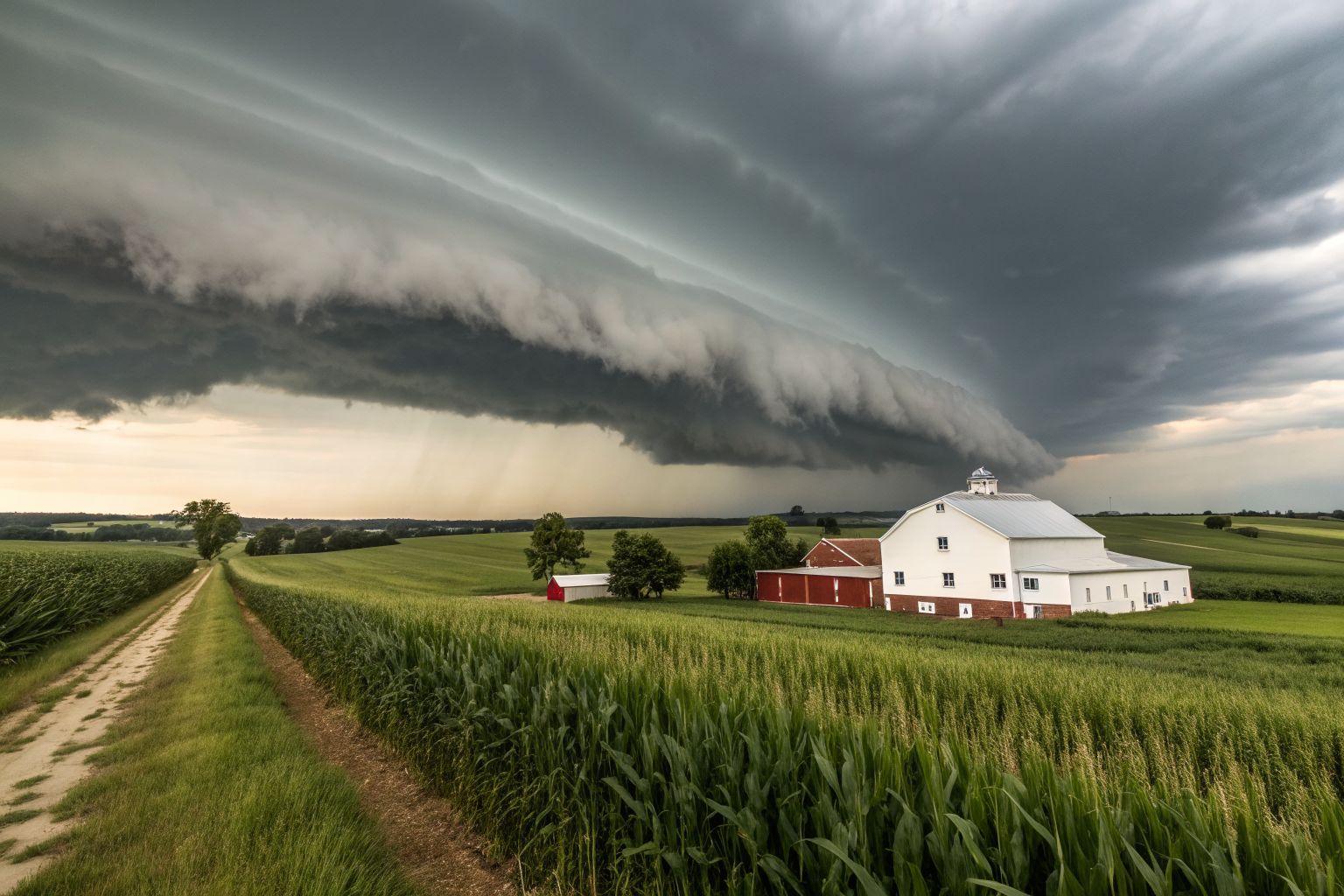 A dark shelf cloud sweeping over cornfields and a farmhouse with a red barn